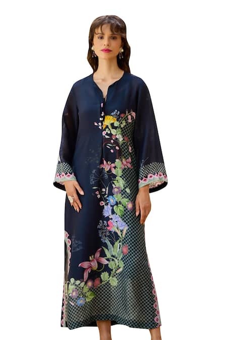 Pozruh By Aiman Black Linen, Velvet Embroidery Round Neck Malibu Floral Print Bell Sleeve Kaftan Online at Aza Fashions Pozruh By Aiman_Black Linen, Velvet Embroidery Round Neck Malibu Floral Print Bell Sleeve Kaftan _Online_at_Aza_Fashions