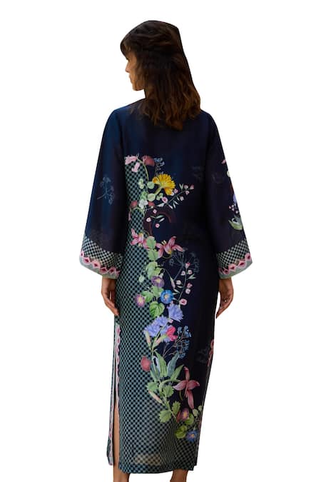 Pozruh By Aiman Black Linen, Velvet Embroidery Round Neck Malibu Floral Print Bell Sleeve Kaftan at Aza Fashions Pozruh By Aiman_Black Linen, Velvet Embroidery Round Neck Malibu Floral Print Bell Sleeve Kaftan _at_Aza_Fashions