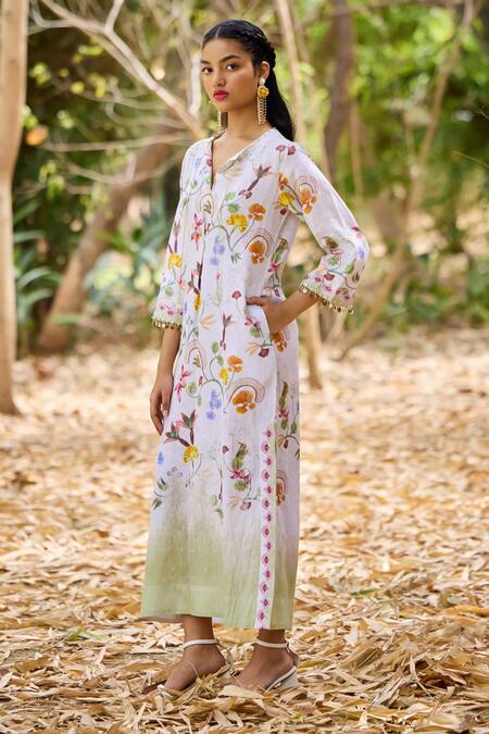 Pozruh By Aiman_Off White Hemp Embroidery, Beads Round Neck Lima Floral Print Straight Kaftan _Online_at_Aza_Fashions