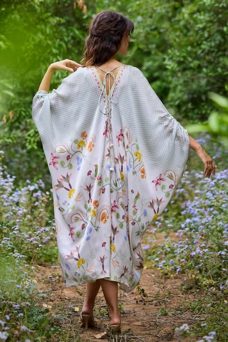 Shop_Pozruh By Aiman_Green Satin Embroidery V-neck Lagoon Checkered Floral Print Kaftan _at_Aza_Fashions