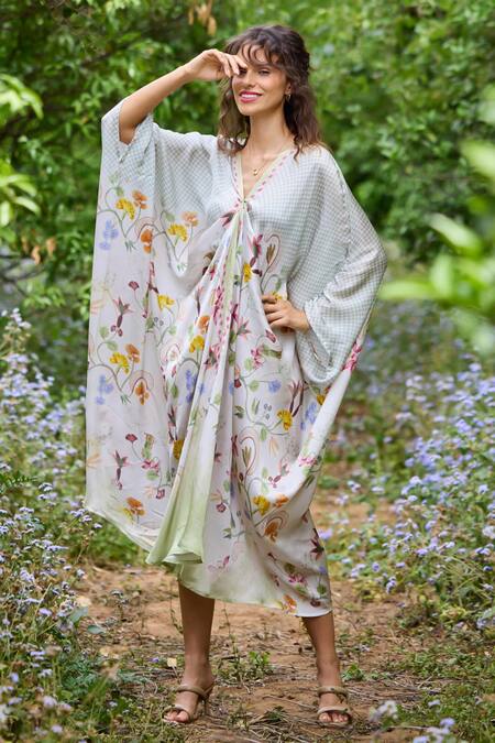 Buy_Pozruh By Aiman_Green Satin Embroidery V-neck Lagoon Checkered Floral Print Kaftan _Online_at_Aza_Fashions