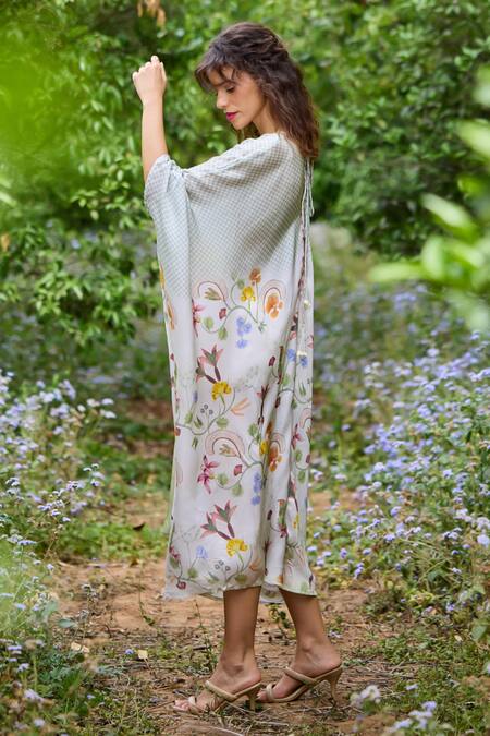 Shop_Pozruh By Aiman_Green Satin Embroidery V-neck Lagoon Checkered Floral Print Kaftan _Online_at_Aza_Fashions