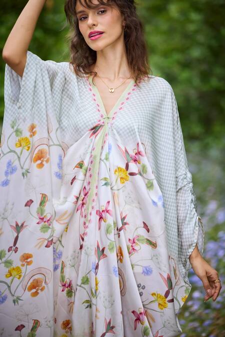 Pozruh By Aiman_Green Satin Embroidery V-neck Lagoon Checkered Floral Print Kaftan _at_Aza_Fashions