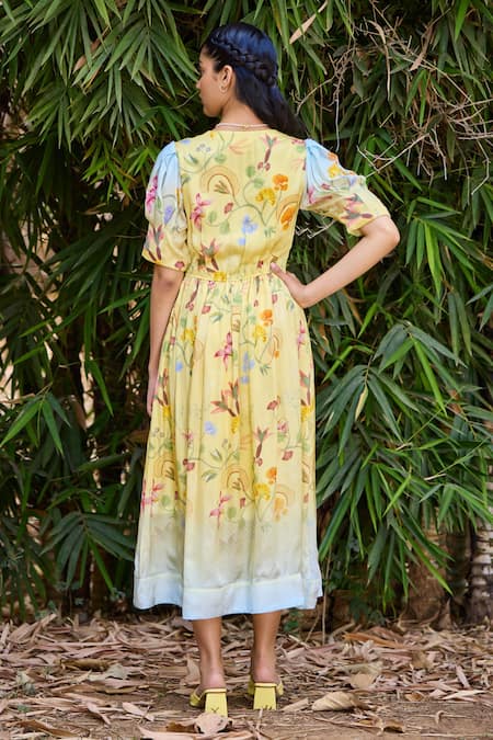 Pozruh By Aiman_Yellow Silk, Satin V-neck Malta Floral Print Wrap Dress _Online_at_Aza_Fashions