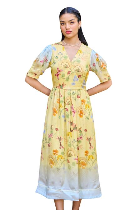 Buy_Pozruh By Aiman_Yellow Silk, Satin V-neck Malta Floral Print Wrap Dress _Online_at_Aza_Fashions