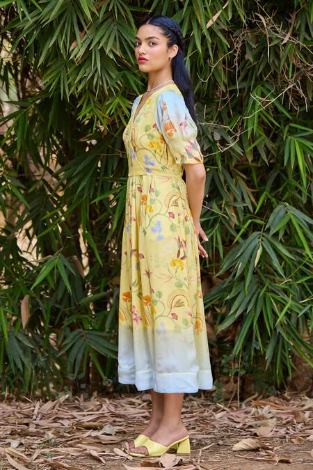Shop_Pozruh By Aiman_Yellow Silk, Satin V-neck Malta Floral Print Wrap Dress _Online_at_Aza_Fashions