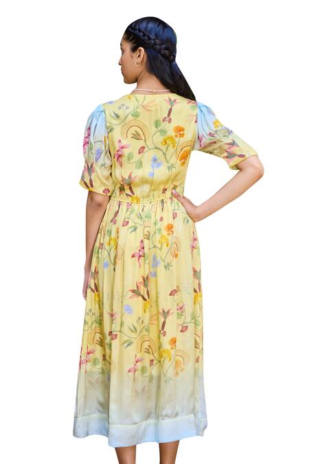 Pozruh By Aiman_Yellow Silk, Satin V-neck Malta Floral Print Wrap Dress _at_Aza_Fashions