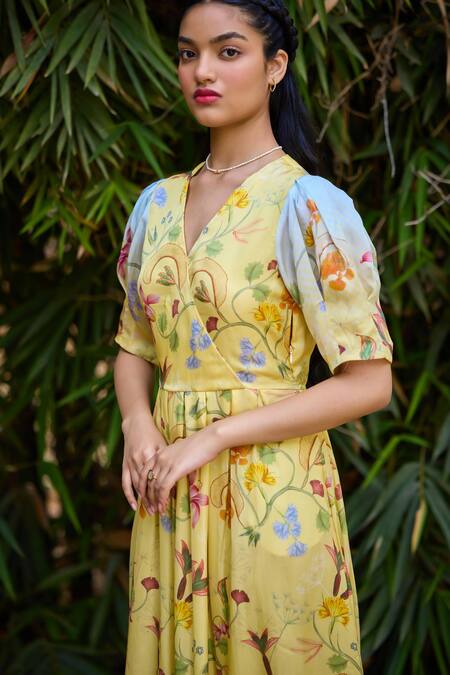 Buy_Pozruh By Aiman_Yellow Silk, Satin V-neck Malta Floral Print Wrap Dress 