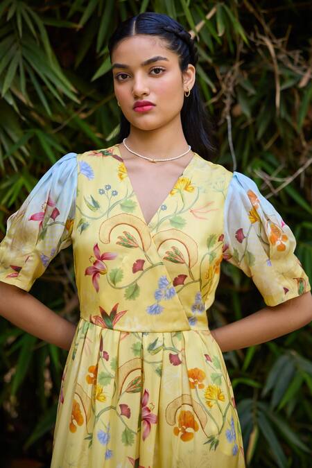Shop_Pozruh By Aiman_Yellow Silk, Satin V-neck Malta Floral Print Wrap Dress 