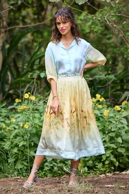 Pozruh by Aiman Cypress Floral Print Shaded Skirt With Shirt 