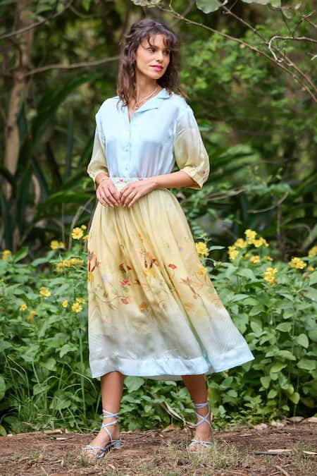 Pozruh By Aiman_Yellow Velvet Embroidery Collared Cypress Floral Print Shaded Skirt With Shirt _Online_at_Aza_Fashions