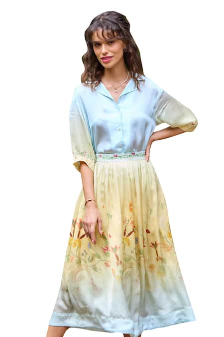 Buy Pozruh By Aiman Yellow Velvet Embroidery Collared Cypress Floral Print Shaded Skirt With Shirt Online at Aza Fashions Buy_Pozruh By Aiman_Yellow Velvet Embroidery Collared Cypress Floral Print Shaded Skirt With Shirt _Online_at_Aza_Fashions