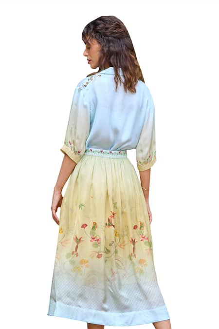 Shop Pozruh By Aiman Yellow Velvet Embroidery Collared Cypress Floral Print Shaded Skirt With Shirt Online at Aza Fashions Shop_Pozruh By Aiman_Yellow Velvet Embroidery Collared Cypress Floral Print Shaded Skirt With Shirt _Online_at_Aza_Fashions