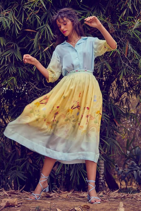 Buy Pozruh By Aiman Yellow Velvet Embroidery Collared Cypress Floral Print Shaded Skirt With Shirt Buy_Pozruh By Aiman_Yellow Velvet Embroidery Collared Cypress Floral Print Shaded Skirt With Shirt