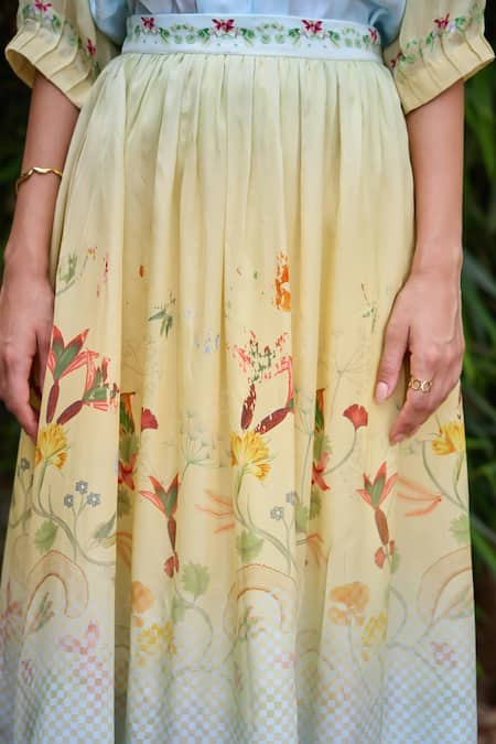 Shop Pozruh By Aiman Yellow Velvet Embroidery Collared Cypress Floral Print Shaded Skirt With Shirt Shop_Pozruh By Aiman_Yellow Velvet Embroidery Collared Cypress Floral Print Shaded Skirt With Shirt