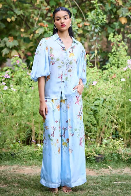 Pozruh by Aiman Blue Vegan Silk Satin Print Floral Stand Collar Sicily Shirt With Pant 