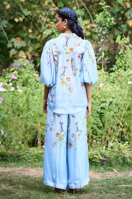 Shop_Pozruh By Aiman_Blue Silk , Silk, Collared Sicily Floral Print Shirt With Pant _at_Aza_Fashions