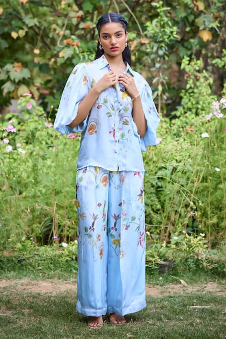Pozruh By Aiman_Blue Silk , Silk, Collared Sicily Floral Print Shirt With Pant _Online_at_Aza_Fashions