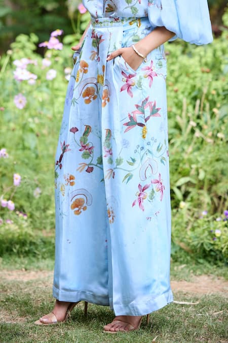 Buy_Pozruh By Aiman_Blue Silk, Satin Sicily Floral Print Pant 