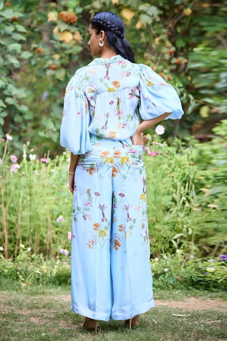 Shop_Pozruh By Aiman_Blue Silk, Satin Sicily Floral Print Pant 