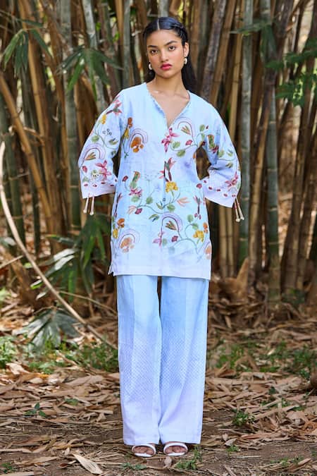 Pozruh By Aiman_Blue Hemp Embroidery, Sequins Open Neck Amalfi Floral Print Long Top With Pant _Online_at_Aza_Fashions