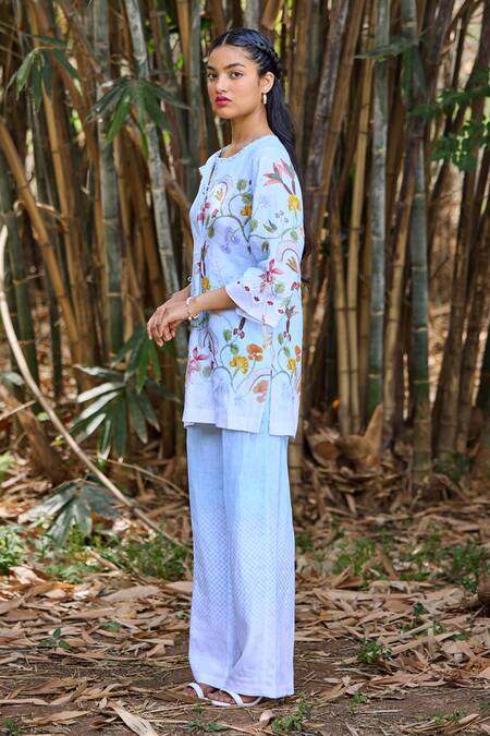 Shop_Pozruh By Aiman_Blue Hemp Embroidery, Sequins Open Neck Amalfi Floral Print Long Top With Pant _Online_at_Aza_Fashions