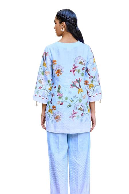 Buy Pozruh By Aiman Blue Hemp Embroidery, Sequins Open Neck Amalfi Floral Print Long Top With Pant Buy_Pozruh By Aiman_Blue Hemp Embroidery, Sequins Open Neck Amalfi Floral Print Long Top With Pant