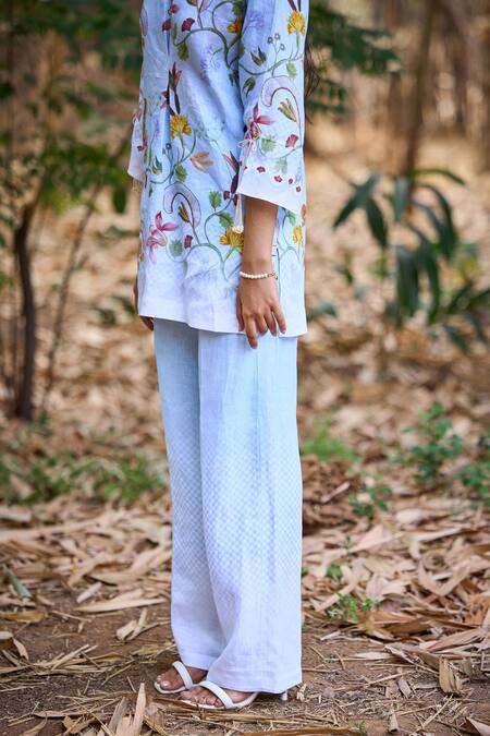 Shop_Pozruh By Aiman_Blue Hemp Embroidery, Sequins Open Neck Amalfi Floral Print Long Top With Pant 
