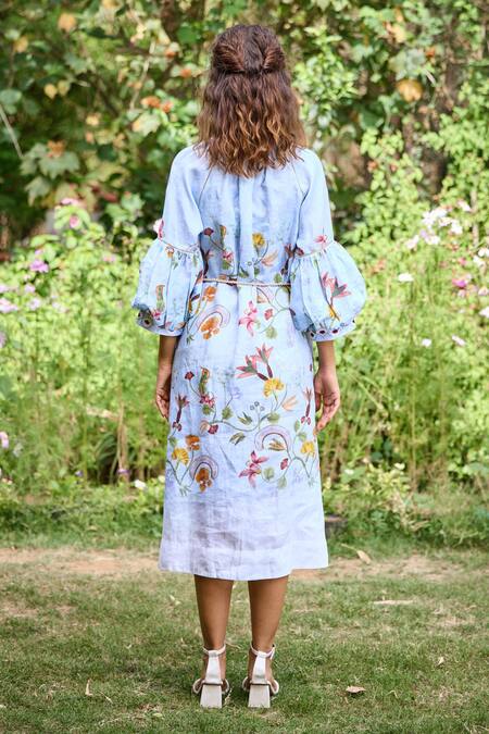 Shop_Pozruh By Aiman_Blue Hemp Embroidery Collared Miami Floral Print Shirt Dress _at_Aza_Fashions