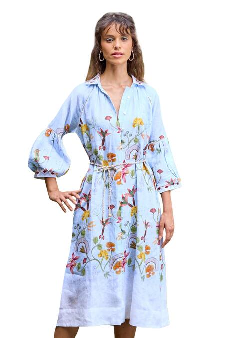Buy_Pozruh By Aiman_Blue Hemp Embroidery Collared Miami Floral Print Shirt Dress _Online_at_Aza_Fashions