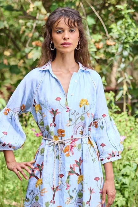 Shop_Pozruh By Aiman_Blue Hemp Embroidery Collared Miami Floral Print Shirt Dress _Online_at_Aza_Fashions