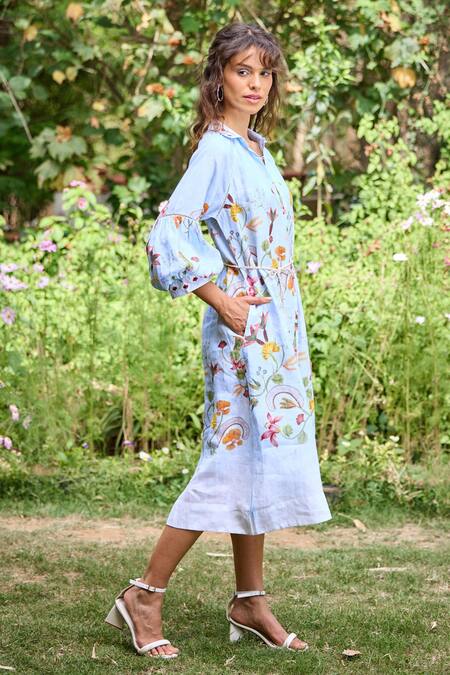 Pozruh By Aiman_Blue Hemp Embroidery Collared Miami Floral Print Shirt Dress _at_Aza_Fashions