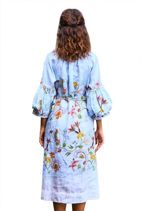 Buy_Pozruh By Aiman_Blue Hemp Embroidery Collared Miami Floral Print Shirt Dress 