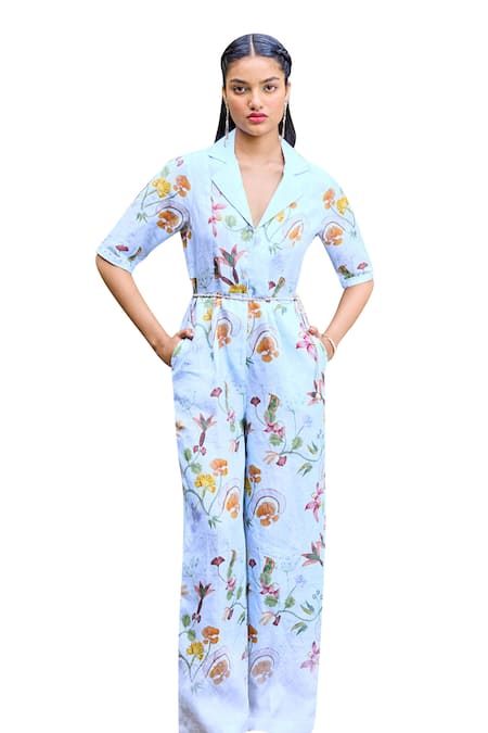 Pozruh By Aiman Blue Hemp Sequins, Embroidery Collared Sydney Floral Print Jumpsuit Online at Aza Fashions Pozruh By Aiman_Blue Hemp Sequins, Embroidery Collared Sydney Floral Print Jumpsuit _Online_at_Aza_Fashions