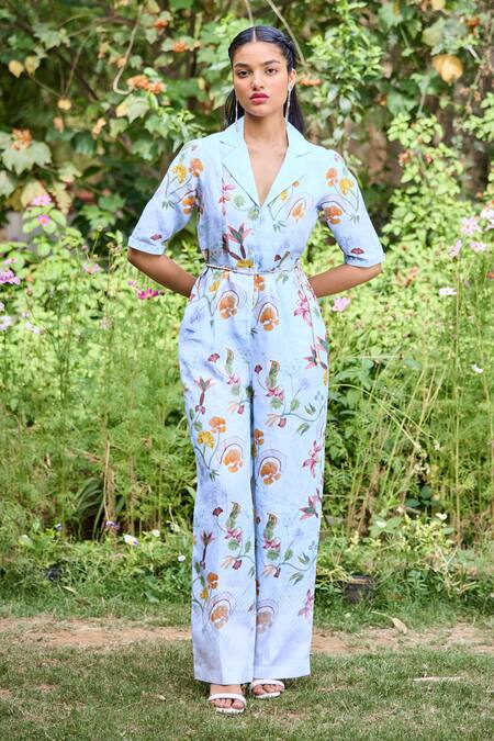 Buy_Pozruh By Aiman_Blue Hemp Sequins, Embroidery Collared Sydney Floral Print Jumpsuit _Online_at_Aza_Fashions