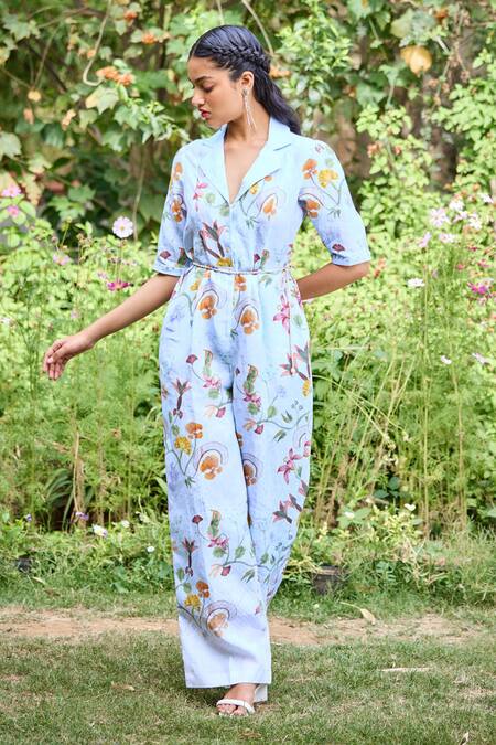 Shop_Pozruh By Aiman_Blue Hemp Sequins, Embroidery Collared Sydney Floral Print Jumpsuit _Online_at_Aza_Fashions