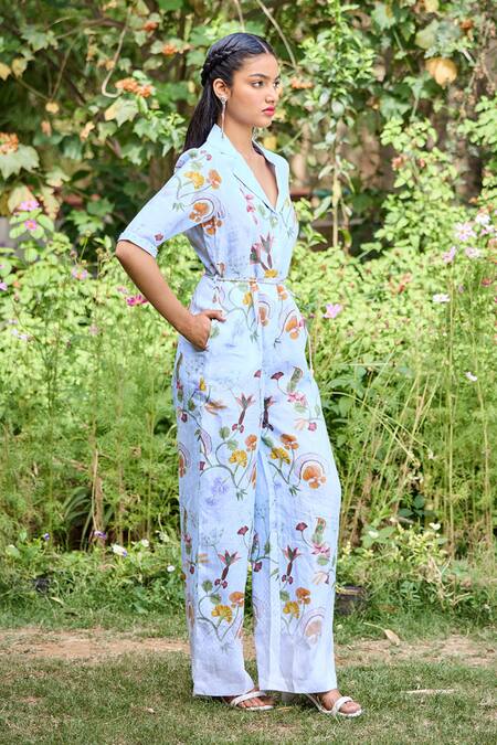 Pozruh By Aiman_Blue Hemp Sequins, Embroidery Collared Sydney Floral Print Jumpsuit _at_Aza_Fashions