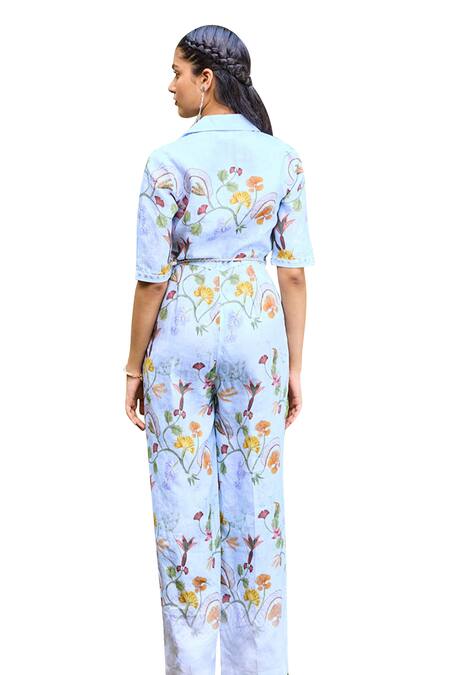 Buy Pozruh By Aiman Blue Hemp Sequins, Embroidery Collared Sydney Floral Print Jumpsuit Buy_Pozruh By Aiman_Blue Hemp Sequins, Embroidery Collared Sydney Floral Print Jumpsuit