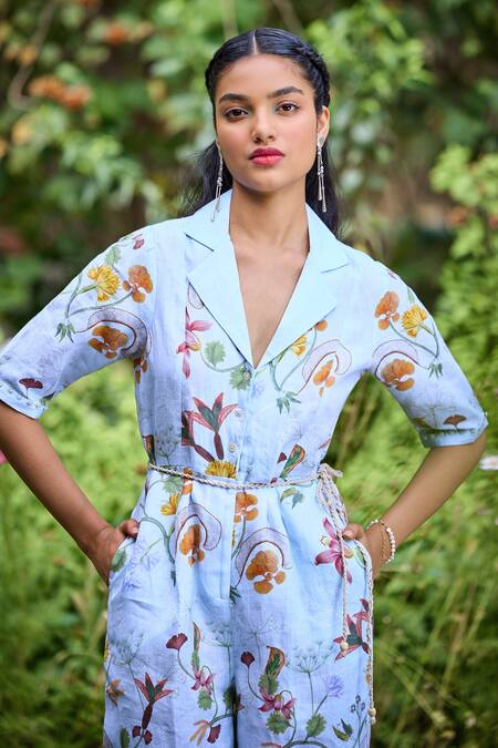 Shop_Pozruh By Aiman_Blue Hemp Sequins, Embroidery Collared Sydney Floral Print Jumpsuit 