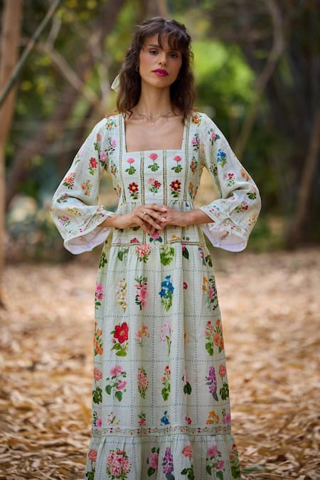 Pozruh By Aiman_Green Hemp Square Neck Floria Floral Print Dress _Online_at_Aza_Fashions