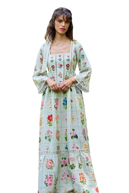 Buy Pozruh By Aiman Green Hemp Square Neck Floria Floral Print Dress Online at Aza Fashions Buy_Pozruh By Aiman_Green Hemp Square Neck Floria Floral Print Dress _Online_at_Aza_Fashions