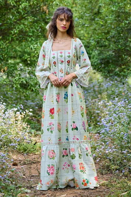 Shop_Pozruh By Aiman_Green Hemp Square Neck Floria Floral Print Dress _Online_at_Aza_Fashions
