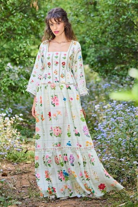 Pozruh By Aiman_Green Hemp Square Neck Floria Floral Print Dress _at_Aza_Fashions