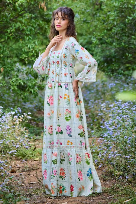 Buy_Pozruh By Aiman_Green Hemp Square Neck Floria Floral Print Dress 