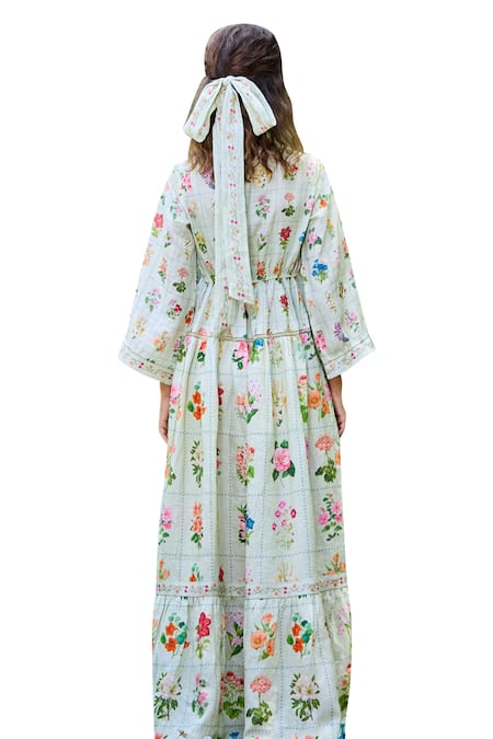 Shop Pozruh By Aiman Green Hemp Square Neck Floria Floral Print Dress Shop_Pozruh By Aiman_Green Hemp Square Neck Floria Floral Print Dress