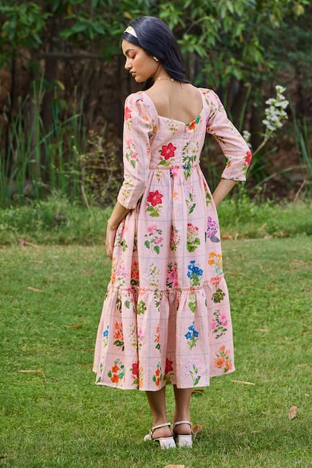 Shop_Pozruh By Aiman_Peach Hemp Square Neck Sansa Checkered Floral Print Dress _at_Aza_Fashions