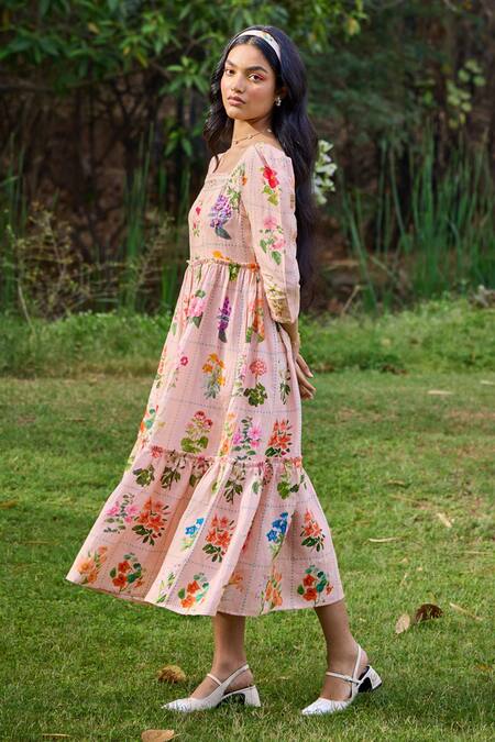 Pozruh By Aiman_Peach Hemp Square Neck Sansa Checkered Floral Print Dress _Online_at_Aza_Fashions
