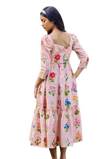 Buy Pozruh By Aiman Peach Hemp Square Neck Sansa Checkered Floral Print Dress Online at Aza Fashions Buy_Pozruh By Aiman_Peach Hemp Square Neck Sansa Checkered Floral Print Dress _Online_at_Aza_Fashions