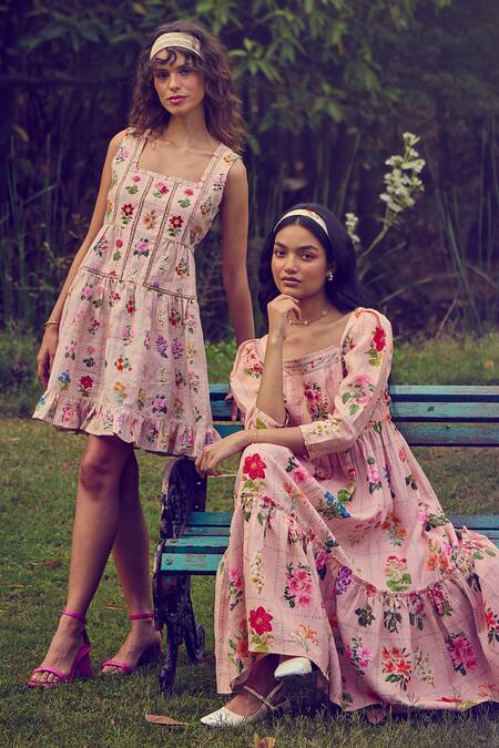 Shop Pozruh By Aiman Peach Hemp Square Neck Sansa Checkered Floral Print Dress Online at Aza Fashions Shop_Pozruh By Aiman_Peach Hemp Square Neck Sansa Checkered Floral Print Dress _Online_at_Aza_Fashions