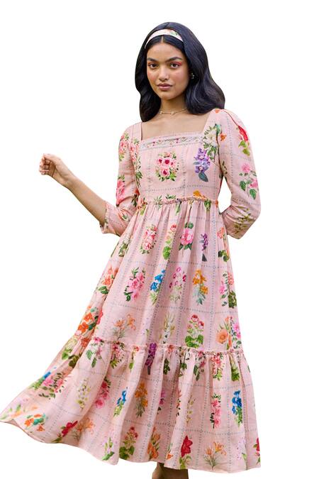 Pozruh By Aiman Peach Hemp Square Neck Sansa Checkered Floral Print Dress at Aza Fashions Pozruh By Aiman_Peach Hemp Square Neck Sansa Checkered Floral Print Dress _at_Aza_Fashions